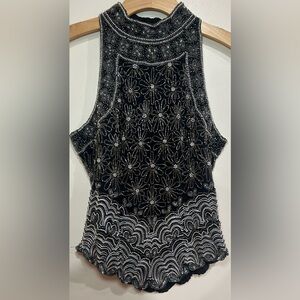 VTG Papell Boutique Hand Beaded Sequin Silk Sleeveless Top M High Neck